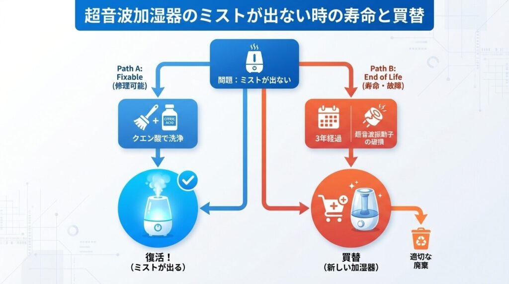 超音波加湿器のミストが出ない時の寿命と買替