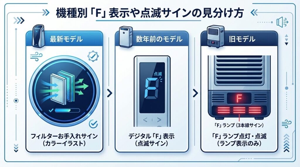 機種別「F」表示や点滅サインの見分け方
