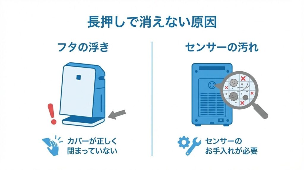 長押しで消えない原因は「蓋の浮き」と「センサー汚れ」