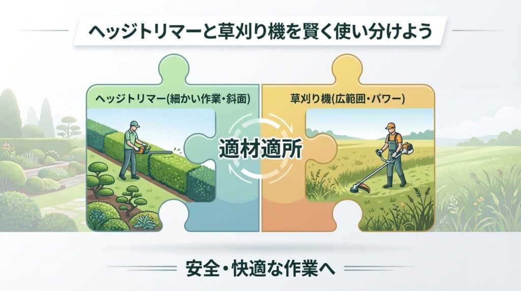 ヘッジトリマーと草刈り機を賢く使い分けよう